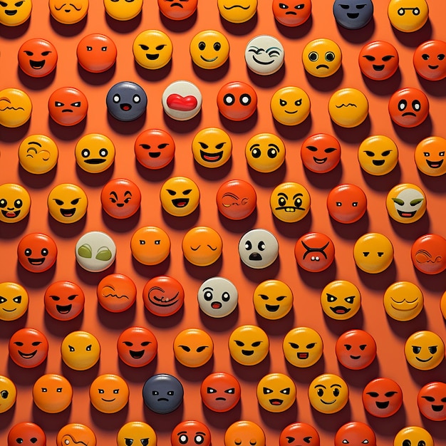 een muur van verschillende gekleurde knoppen met een smiley.
