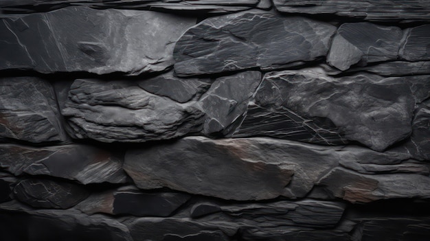 Een muur van zwarte steen met een ruwe textuur