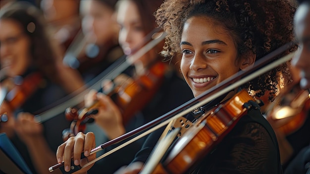 Foto een muziekorkest met muzikanten van alle leeftijden en achtergronden die repeteren om harmonie in diversiteit te symboliseren