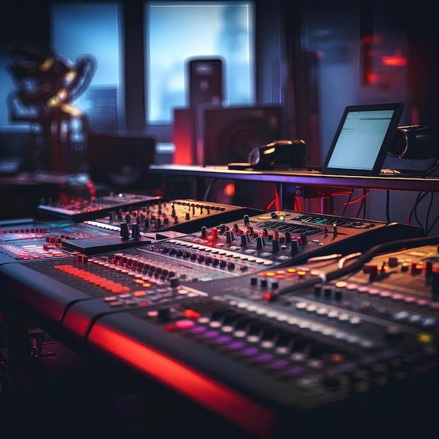 Een muziekstudio met mixtafels en software diepte van