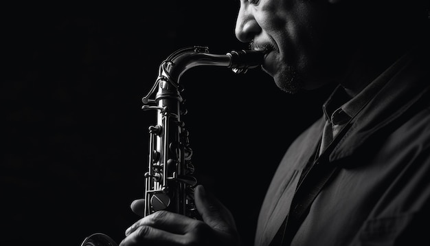 Een muzikant die een koperen instrument bespeelt op het podium, gegenereerd door AI