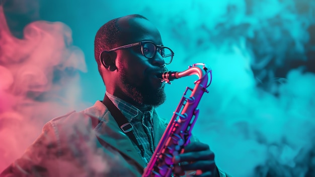 Foto een muzikant speelt saxofoon in een rokerige kamer de blauwe en roze lichten creëren een dramatische sfeer