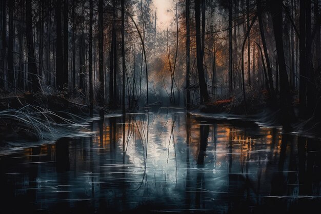 Een mysterieus bos met kabbelende aquarelreflecties en schemerige luchten