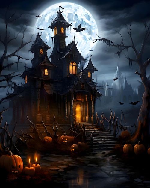 Een mysterieus huis met pompoenen in een Halloween-illustratiethema van de volle maan donkere nacht