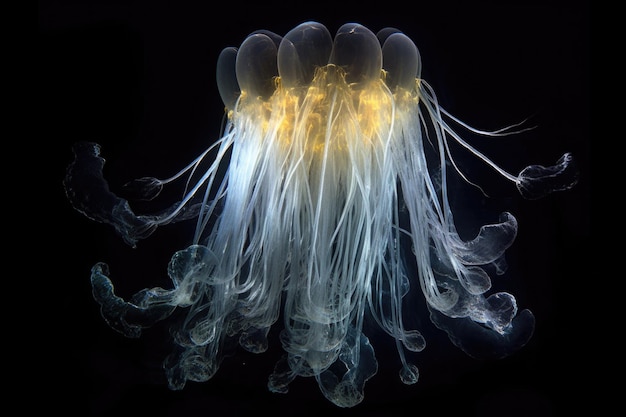 Een mysterieuze diepzeese siphonophore die sierlijk drijft, gecreëerd met generatieve AI.