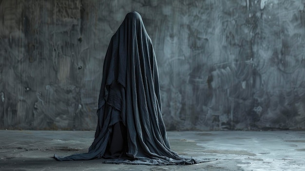 Een mysterieuze en angstaanjagende spookachtige figuur die in een lege kamer staat, gedrapeerd met een grijze stofdoek die het gevoel van mysterie en intrige toevoegt