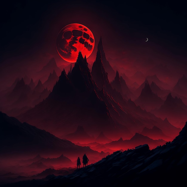 Een mysterieuze mist gehuld landschap verlicht door een diepe rode bloed maan ai gegenereerd