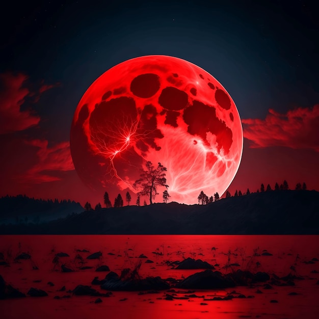 Een mysterieuze mist gehuld landschap verlicht door een diepe rode bloed maan ai gegenereerd