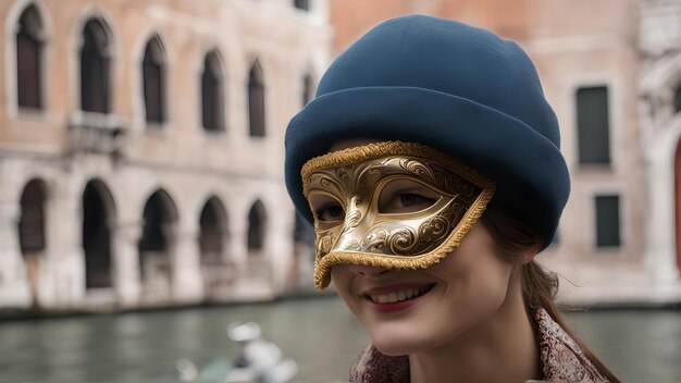 Een mysterieuze vrouw met een gouden Venetiaanse masker enigmatische uitdrukking bij het kanaal AI