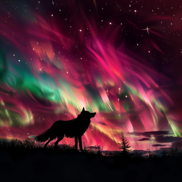 Een mystiek beeld van een eenzame wolf die huilt tegen een levendige aurora borealis in de nachtelijke hemel