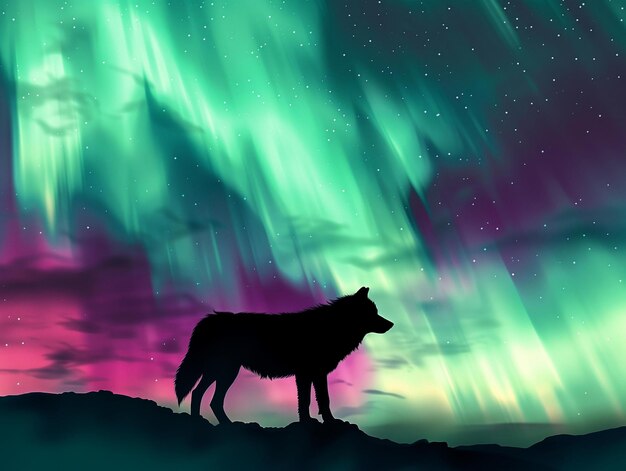 Foto een mystiek beeld van een eenzame wolf die huilt tegen een levendige aurora borealis in de nachtelijke hemel