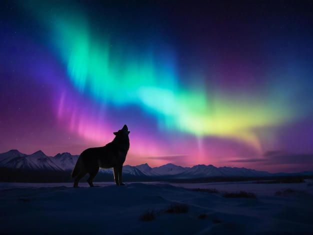 Foto een mystiek beeld van een eenzame wolf die huilt tegen een levendige aurora borealis in de nachtelijke hemel