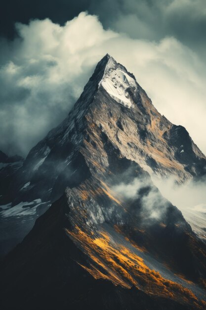 Een mystieke berg die boven de wolken steekt.