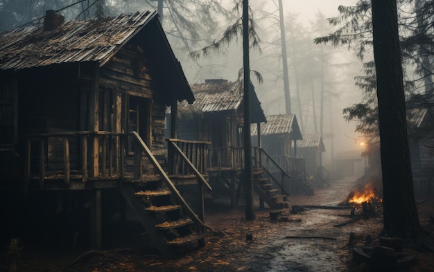 Een mystieke hut in een dicht bos met vlammen die uit de schoorsteen dansen.