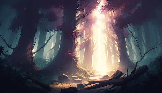 Een mystieke illustratie van licht dat door het bos stroomt, een magische en etherische scène vol verwondering