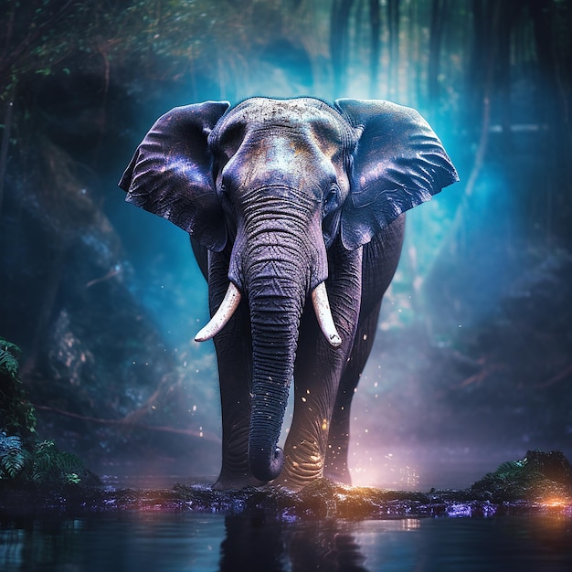 Een mystieke olifant gefotografeerd met humeurige achtergrondverlichting.