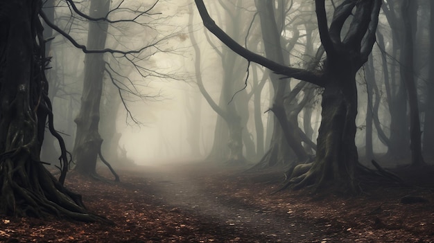 Een mystieke witte mist drijft door een deprimerend herfstbos en creëert een sfeer van verdriet en eenzaamheid.