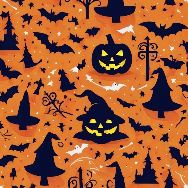 Een naadloos Halloween-patroon met pompoenen, vleermuizen en bomen