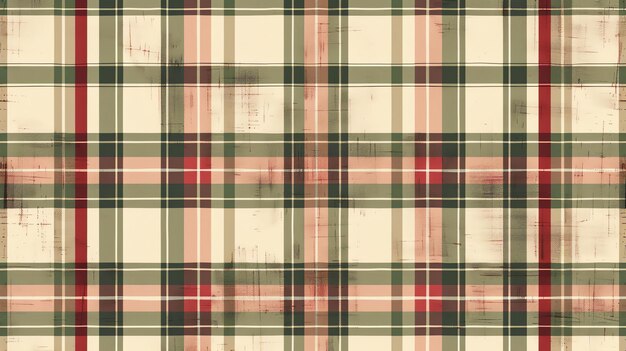 Foto een naadloos herhaalbaar patroon van een klassieke tartan plaid in gedempte roodgroene en crème tinten het patroon is licht verontrust met een vintage gevoel