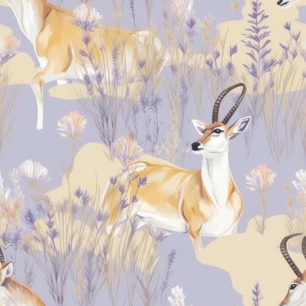 Een naadloos patroon met antilopen en lavendelbloemen.