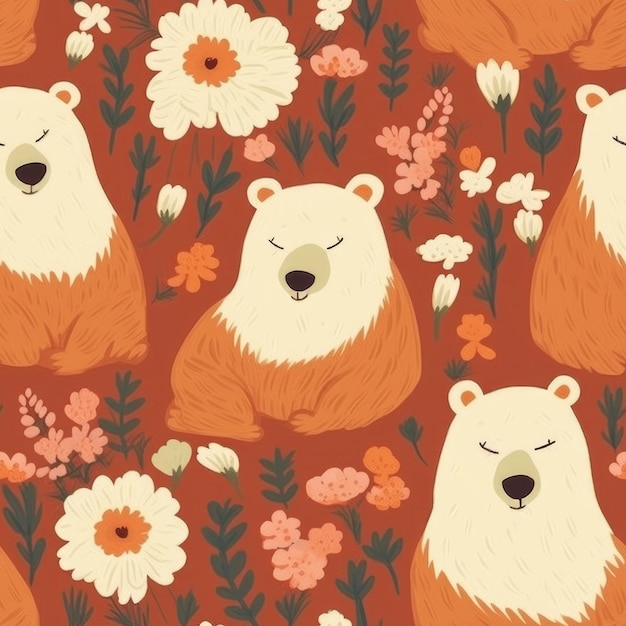 Een naadloos patroon met beren in oranje en wit met bloemen.