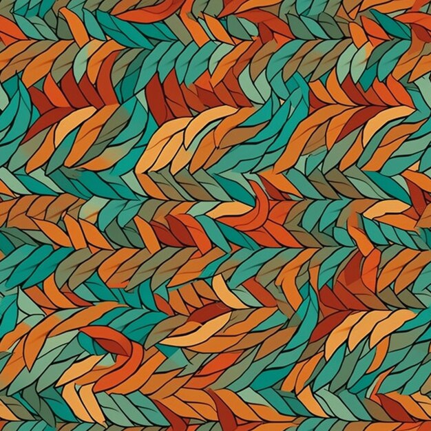 Een naadloos patroon met bladeren in oranje, groene en blauwe kleuren.