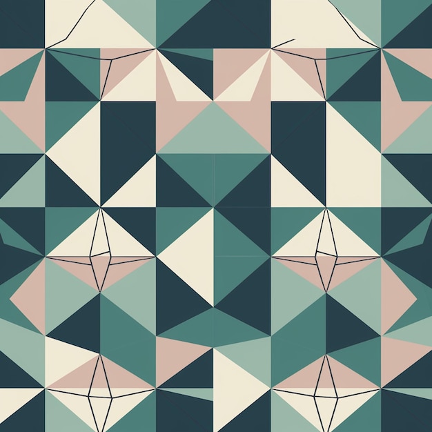 Een naadloos patroon met een geometrisch ontwerp in groen, roze en blauw.