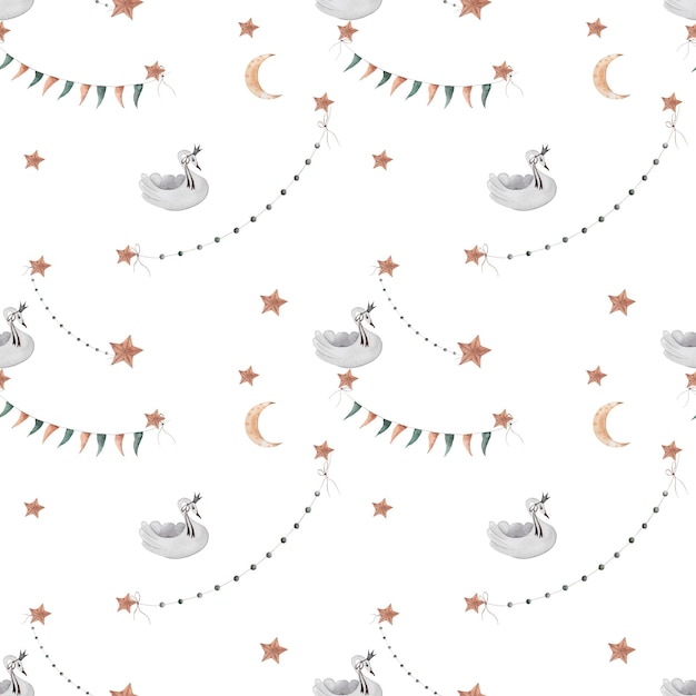 Foto een naadloos patroon met een konijntje en een maan en sterren.