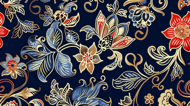 Een naadloos patroon met een vintage bloemenontwerp Het patroon bevat een verscheidenheid aan bloemen bladeren en wijnstokken in een blauw en goud kleurenschema