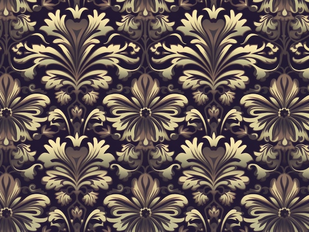 Een naadloos patroon met gouden en zwarte bloemen en bladeren.