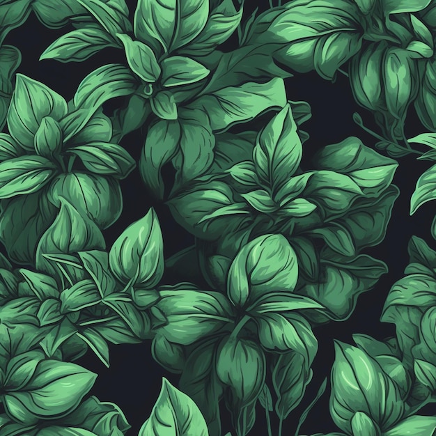 Een naadloos patroon met groene basilicumblaadjes op een zwarte achtergrond.