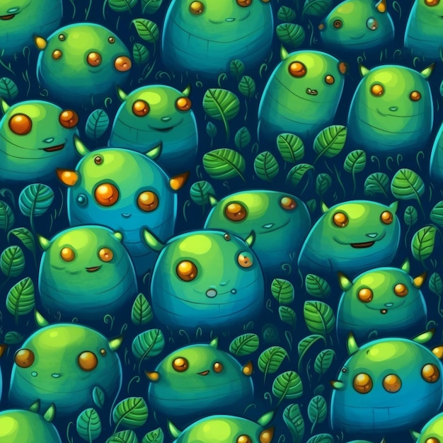 Een naadloos patroon met groene monsters en groene bladeren.