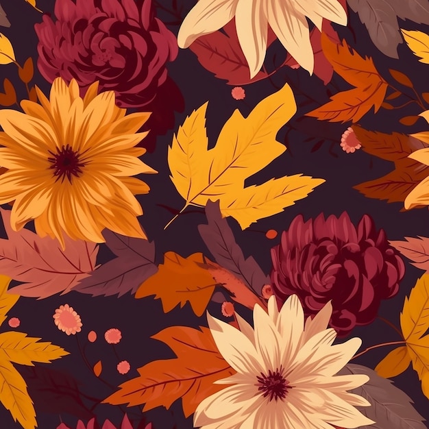 Een naadloos patroon met herfstbladeren en bloemen.