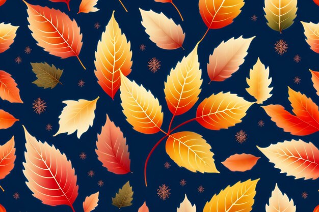 Een naadloos patroon met herfstbladeren op een donkerblauwe achtergrond.