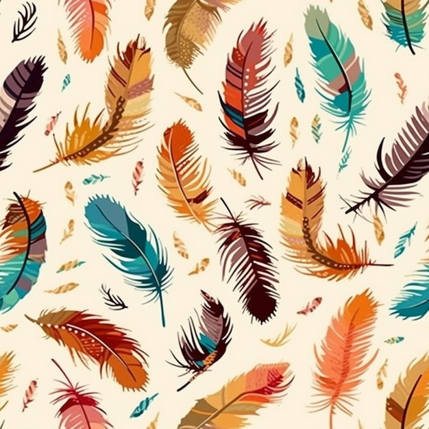 Een naadloos patroon met kleurrijke veren op een witte achtergrond.