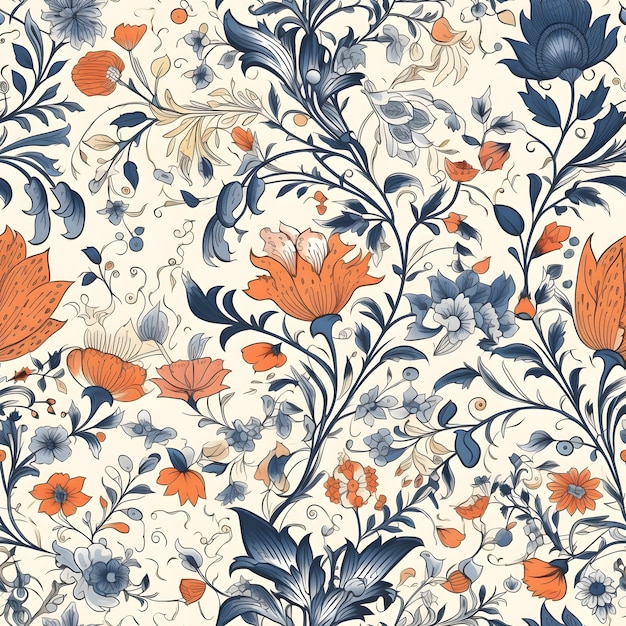 Een naadloos patroon met oranje en blauwe bloemen en bladeren.