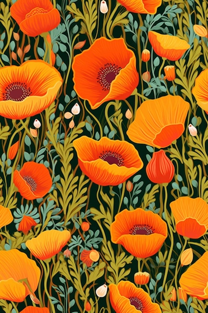 Een naadloos patroon met oranje papaverbloemen op een donkere achtergrond.