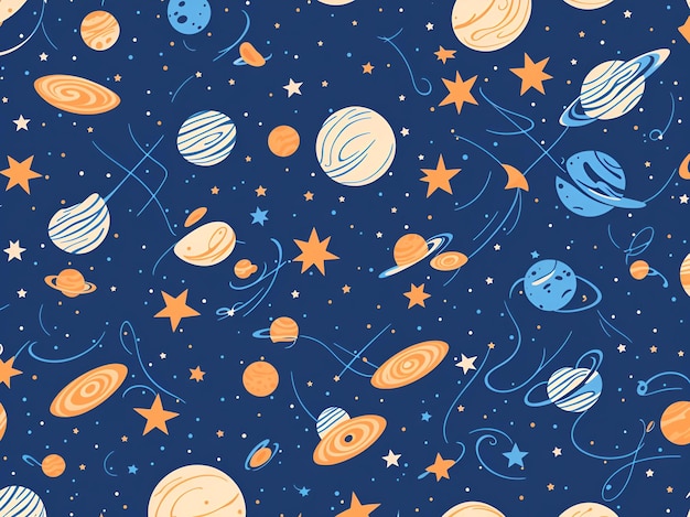 Een naadloos patroon met planeten en sterren op een donkerblauwe achtergrond.