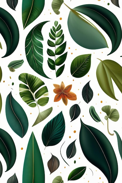 Een naadloos patroon met tropische bladeren op een witte achtergrond.