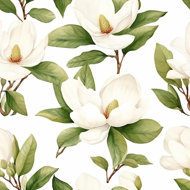 Een naadloos patroon met witte magnoliabloemen op een witte achtergrond