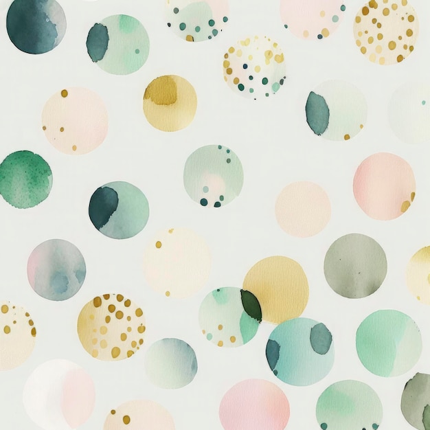 Een naadloos patroon met zacht geschilderde waterverfstippen in verschillende maten in een vredig en dromerig kleurenpalet