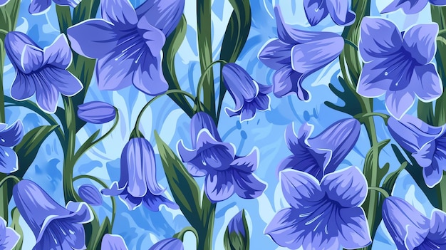 Foto een naadloos patroon van blauwe bloemen op een blauwe achtergrond de bloemen zijn gedetailleerd en realistisch en het patroon is zowel elegant als opvallend