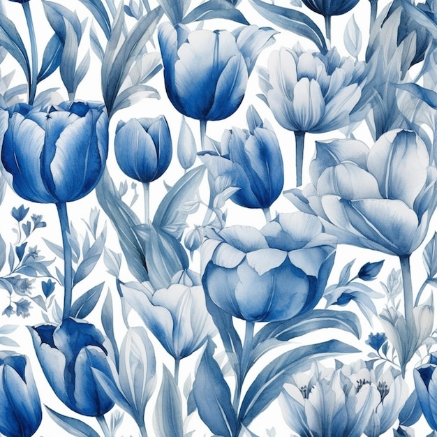 Een naadloos patroon van blauwe tulpen op een witte achtergrond.