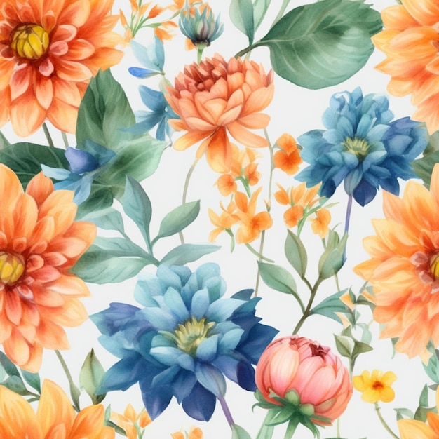 Een naadloos patroon van bloemen met oranje en blauwe bloemen.