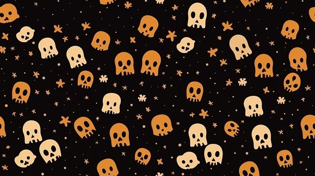 een naadloos patroon van halloween-schedels en sterren op een zwarte achtergrond