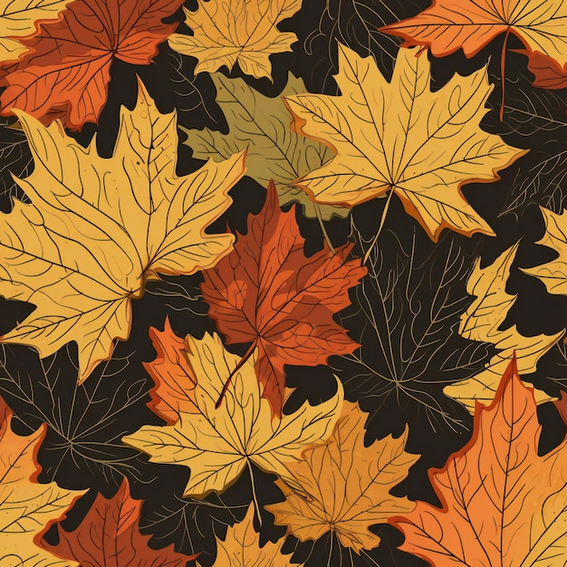 Een naadloos patroon van herfstbladeren op een zwarte achtergrond.