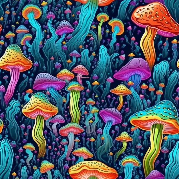 Een naadloos patroon van kleurrijke paddenstoelen met de woorden 'mushrooms' op de bodem.