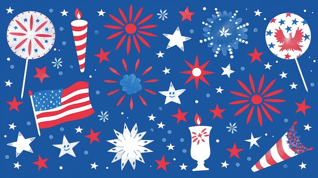 Foto een naadloos patroon van met de hand getekende vierde juli elementen het patroon bevat sterren strepen vuurwerk en andere patriottische symbolen