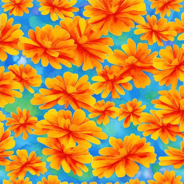 Een naadloos patroon van oranje bloemen op een blauwe achtergrond