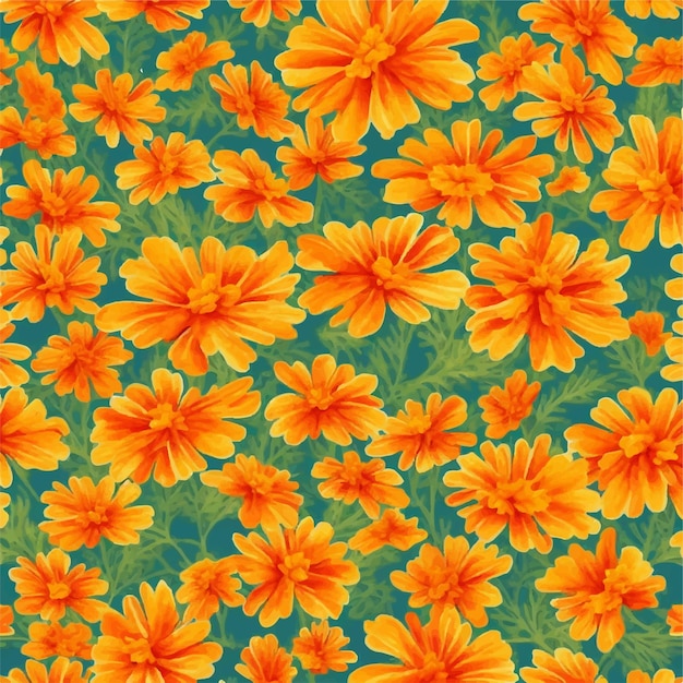 Een naadloos patroon van oranje bloemen op een blauwe achtergrond